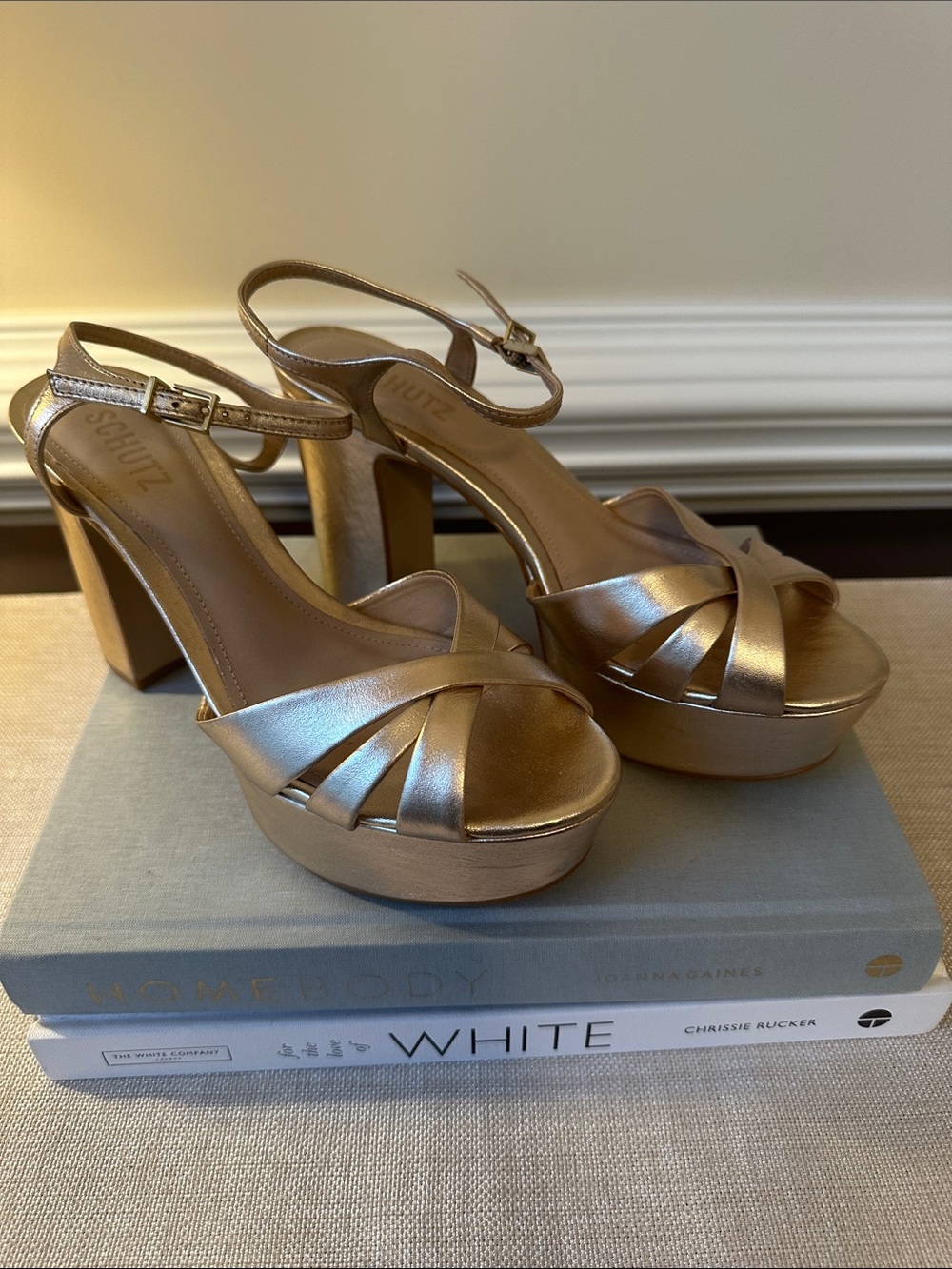 SCHUTZ Gold Platform Sandal with Ankle Strap